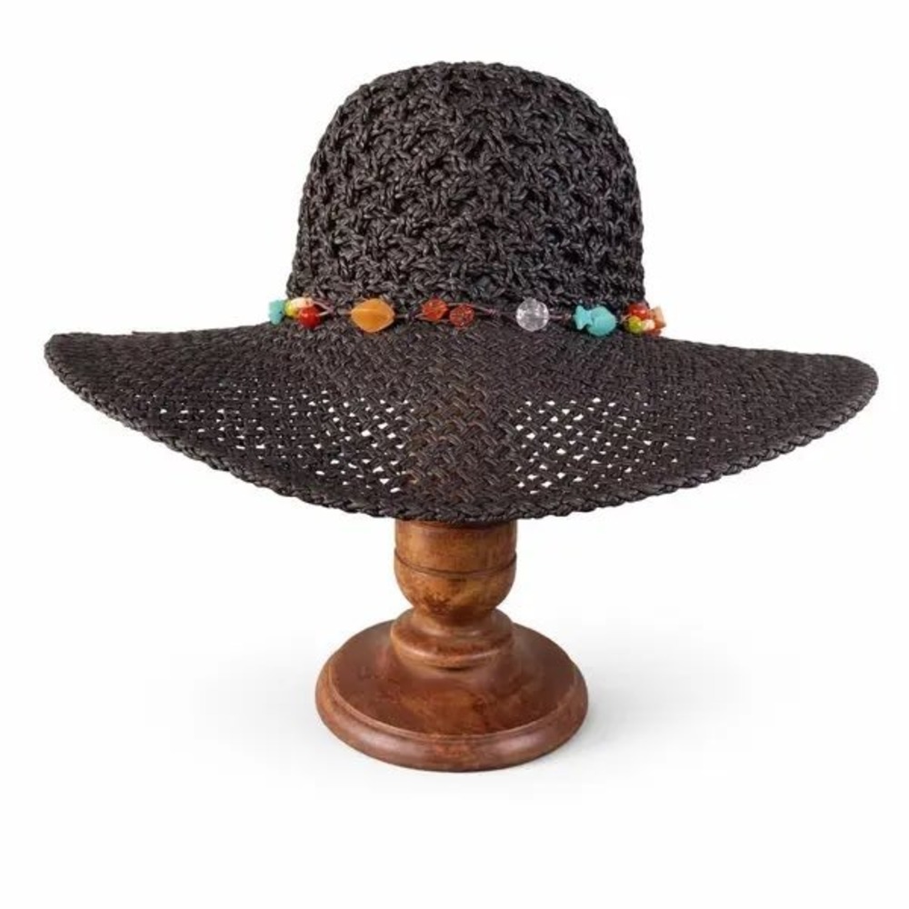 Kallina Sun Hat Black Woven‎ Paper Straw Beaded Wide Brim Women Resort Beachwear